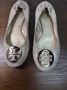 Tory Burch Gold Glitter Reva Logo Ballet Flats